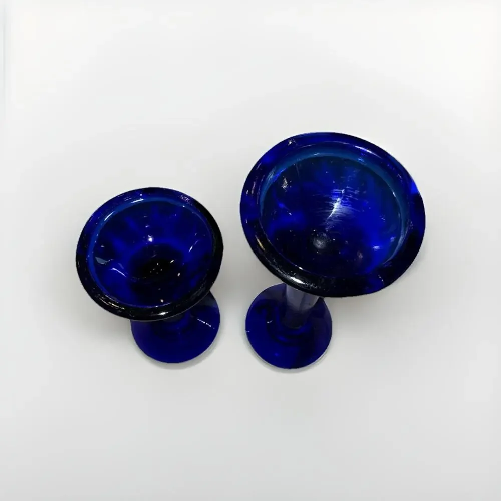 VINTAGE Pair Of Cobalt Blue Taper Candlestick Holders 4 And 6 Inches Tall 1970’s